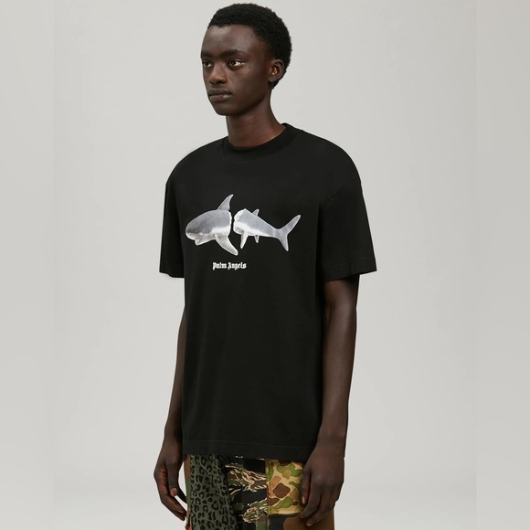 NWT Men’s Size Medium Palm Angels Shark Organic Cotton T-shirt In Black & White